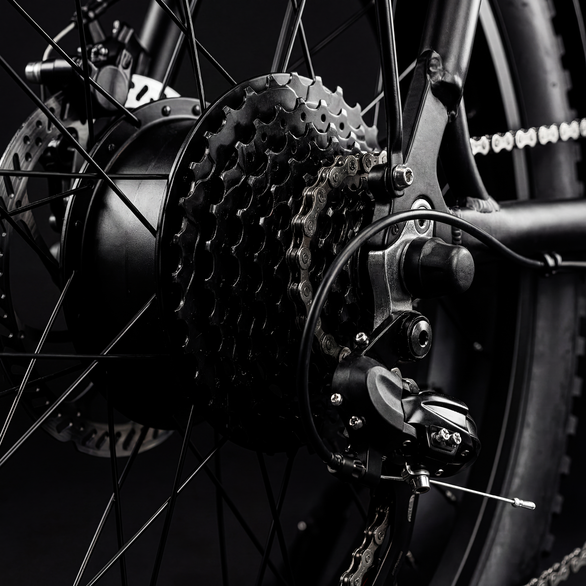 Close-up of the SWAGTRON UrbanCruise e-bike's rear cassette, derailleur and fat tire