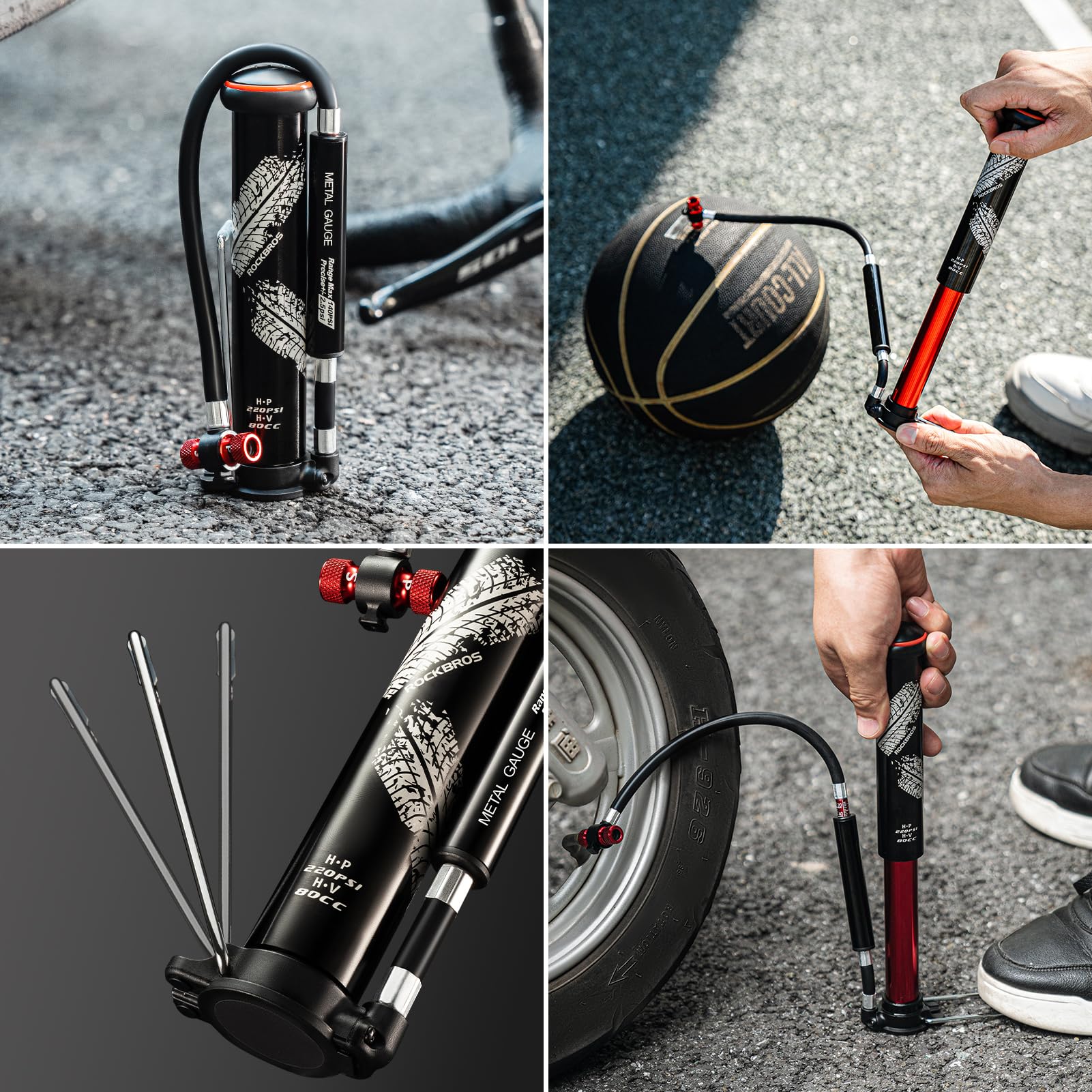 2-in-1 Manual Bike Pump – Hand Pump or Floor Pump, 220 PSI, Hidden Gauge