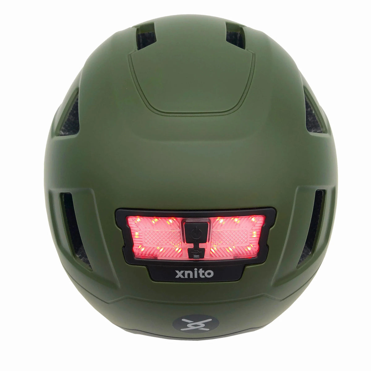 Moss XNITO e-bike helmet in olive green, rear view with the red LED taillight lit