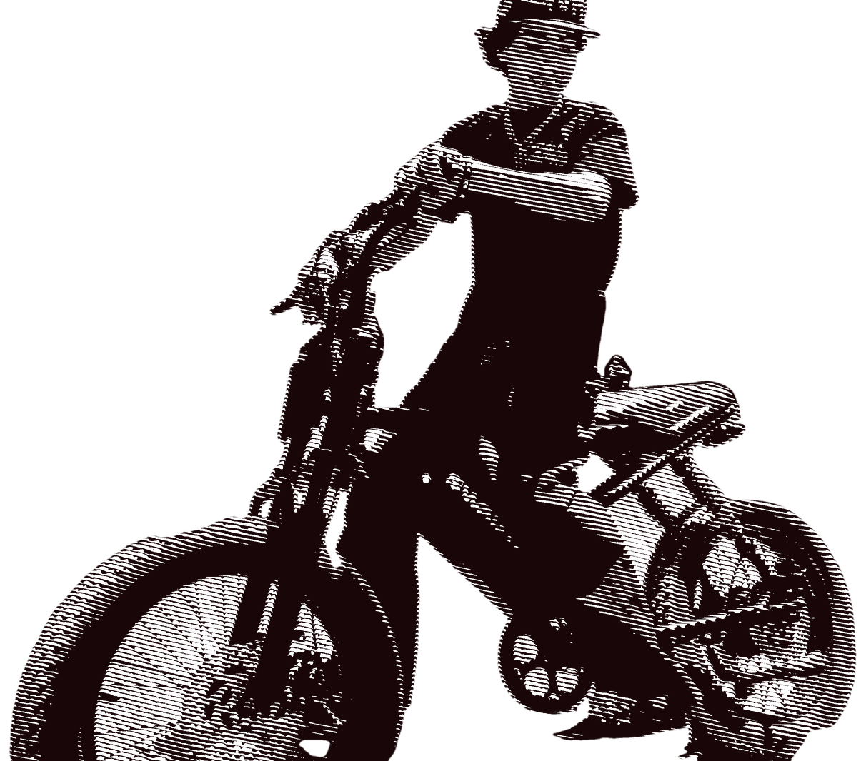 Line-engraved illustration of a rider on a SWAGTRON UrbanCruise e-bike