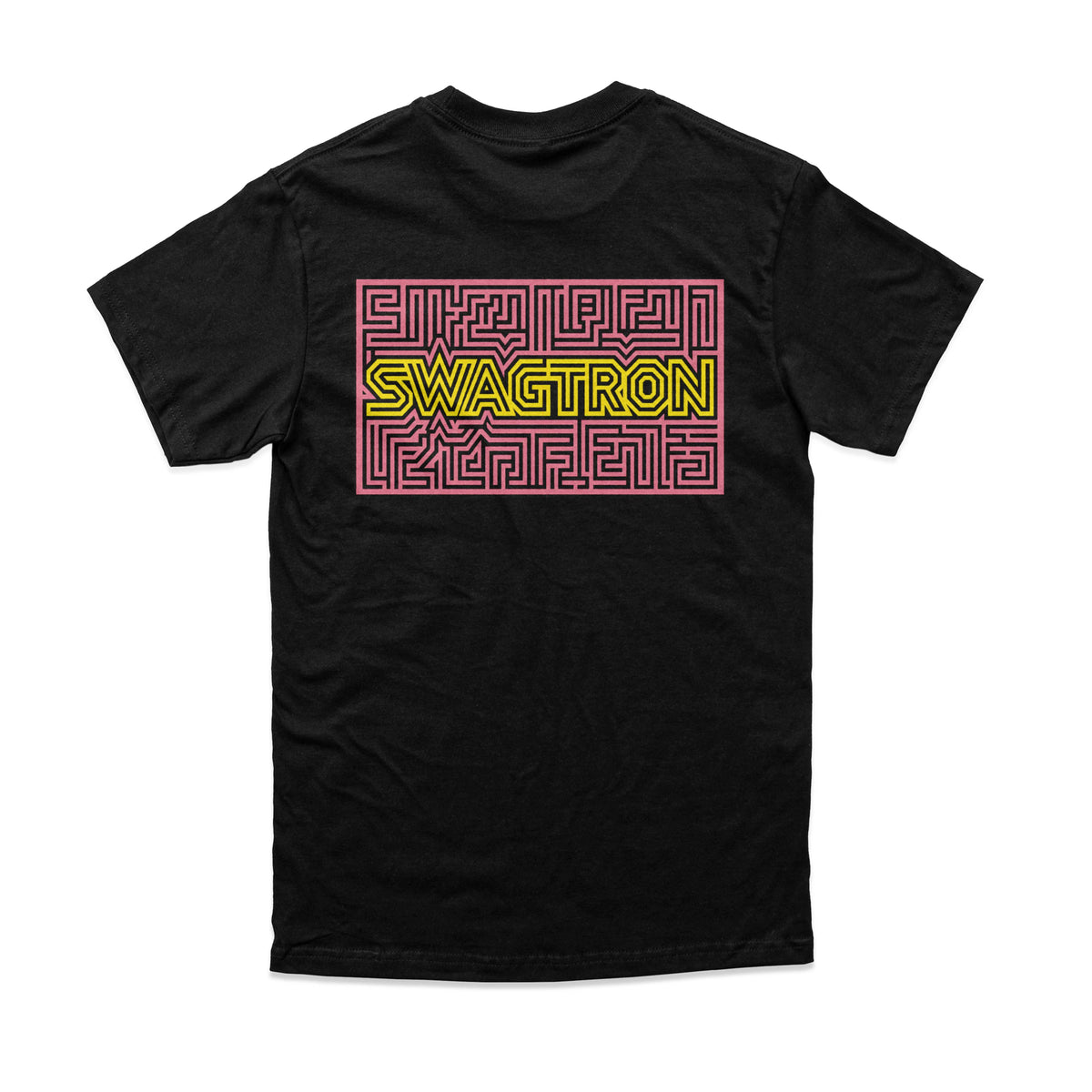 Back of the black SWAGTRON Maze Tee: yellow SWAGTRON wordmark inside a pink maze block