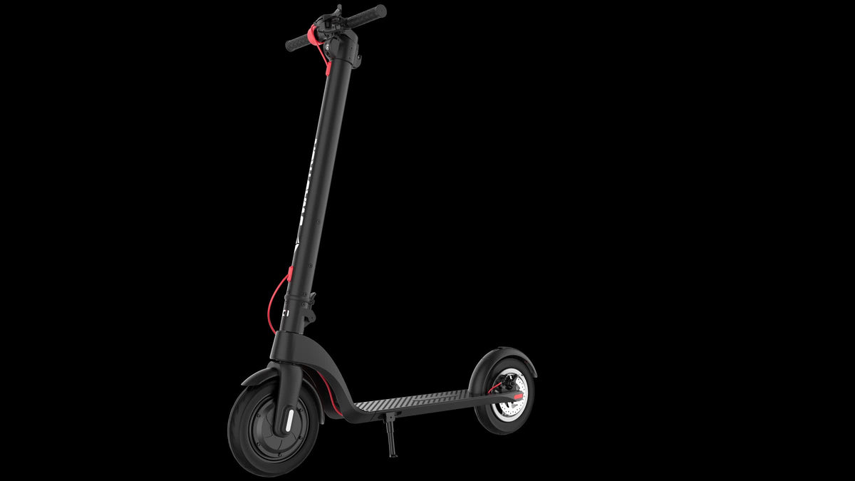 SWAGTRON GlideX electric scooter standing upright, front left view, on black