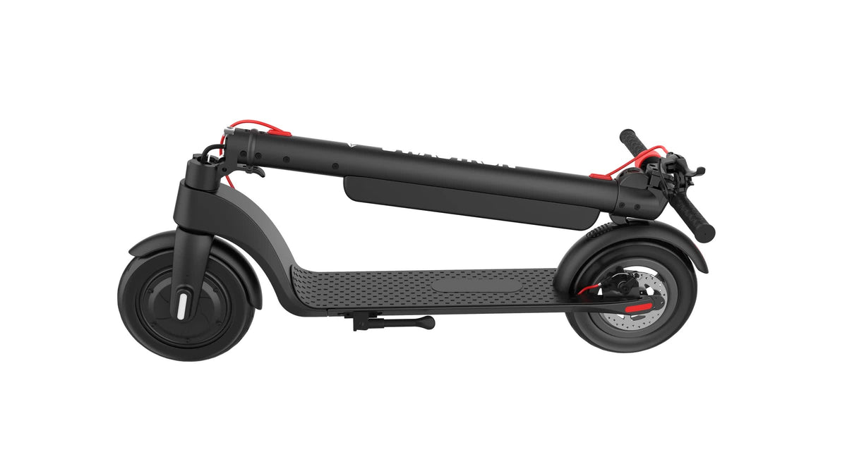 SWAGTRON GlideX Pro electric scooter folded flat in side profile, stem resting over the deck, with red brake cables, 10-inch tires and kickstand down, on white