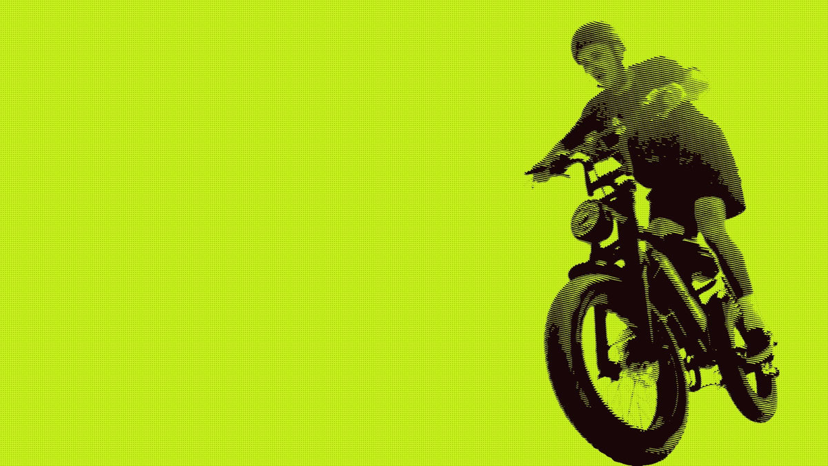 Line engraving of pro BMX rider Tyler Fernengel in mid-air on a SWAGTRON UrbanCruise fat-tire e-bike, on lime