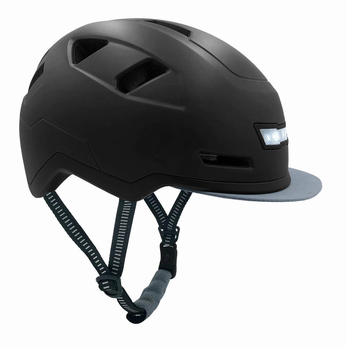 Obsidian XNITO e-bike helmet in black, side view with front LED light and gray visor