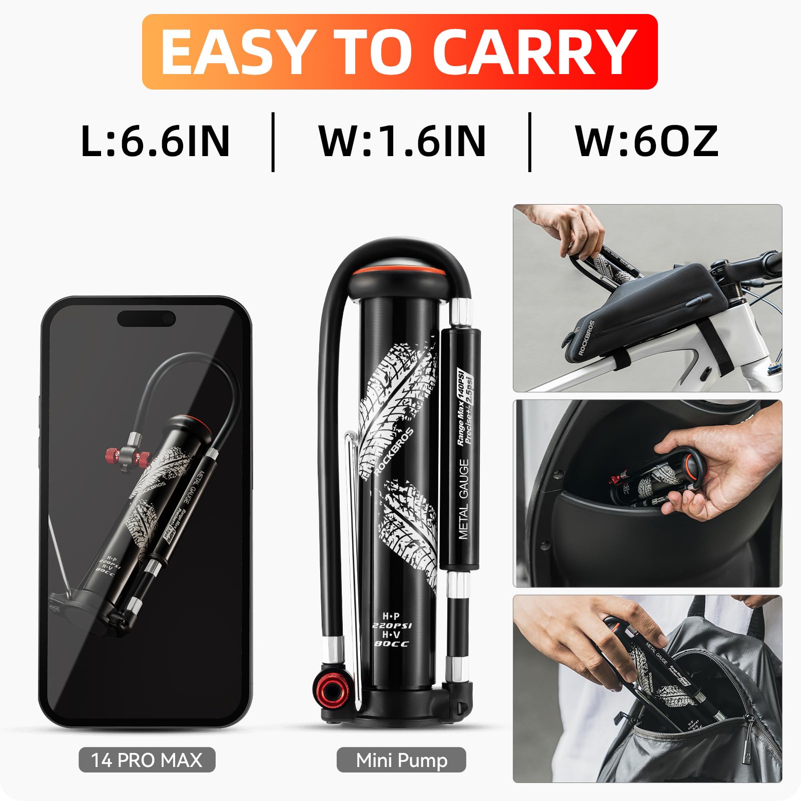 2-in-1 Manual Bike Pump – Hand Pump or Floor Pump, 220 PSI, Hidden Gauge