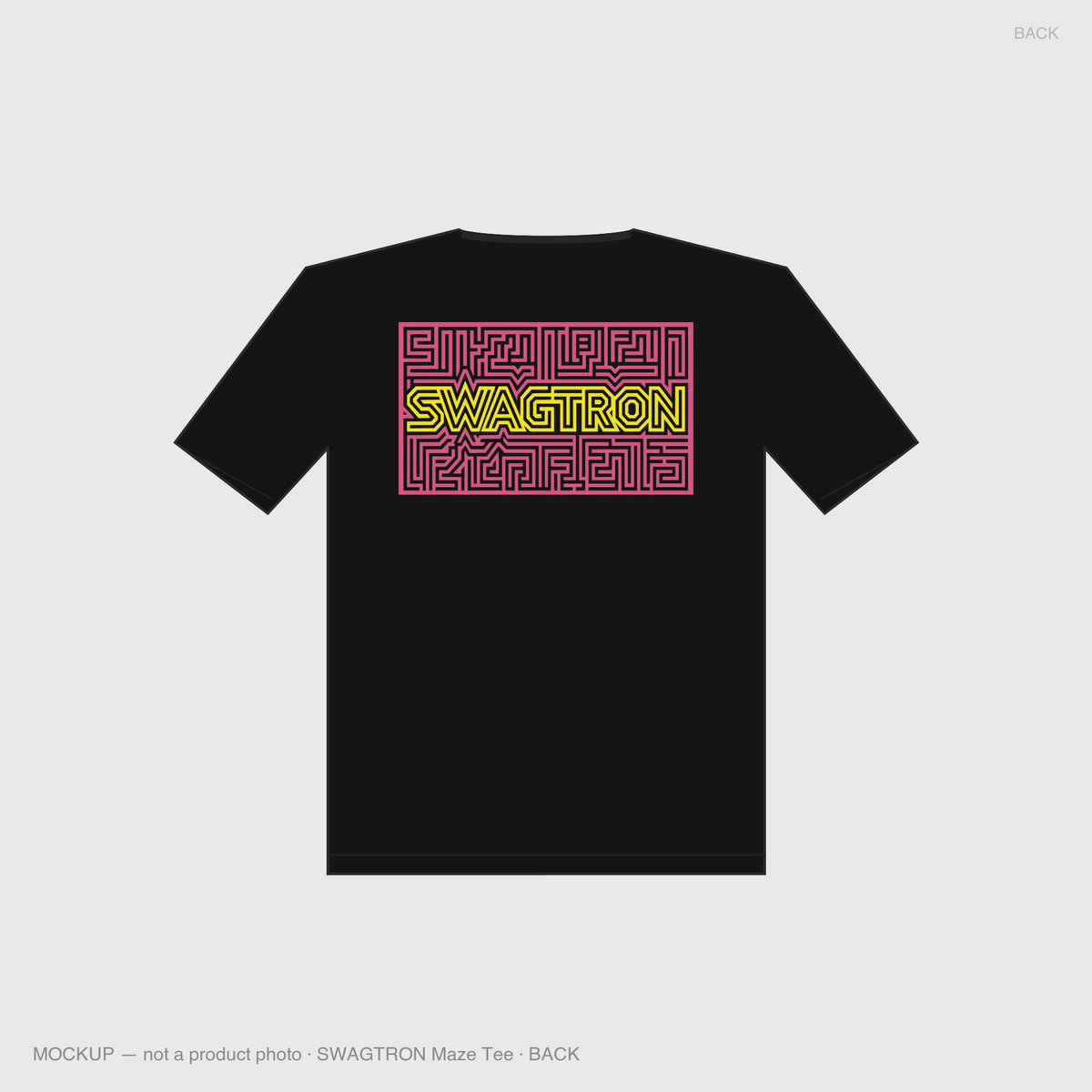 SWAGTRON Maze Tee — back mockup, pink and yellow maze wordmark block on black tee