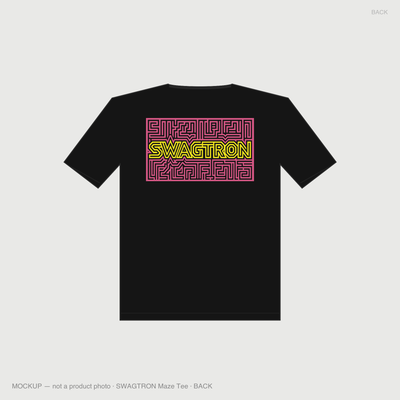 SWAGTRON Maze Tee — back mockup, pink and yellow maze wordmark block on black tee