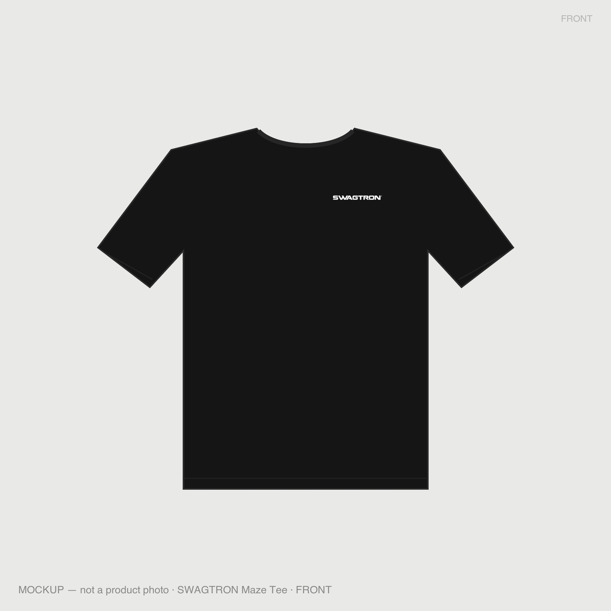 SWAGTRON Maze Tee — front mockup, white chest print on black tee