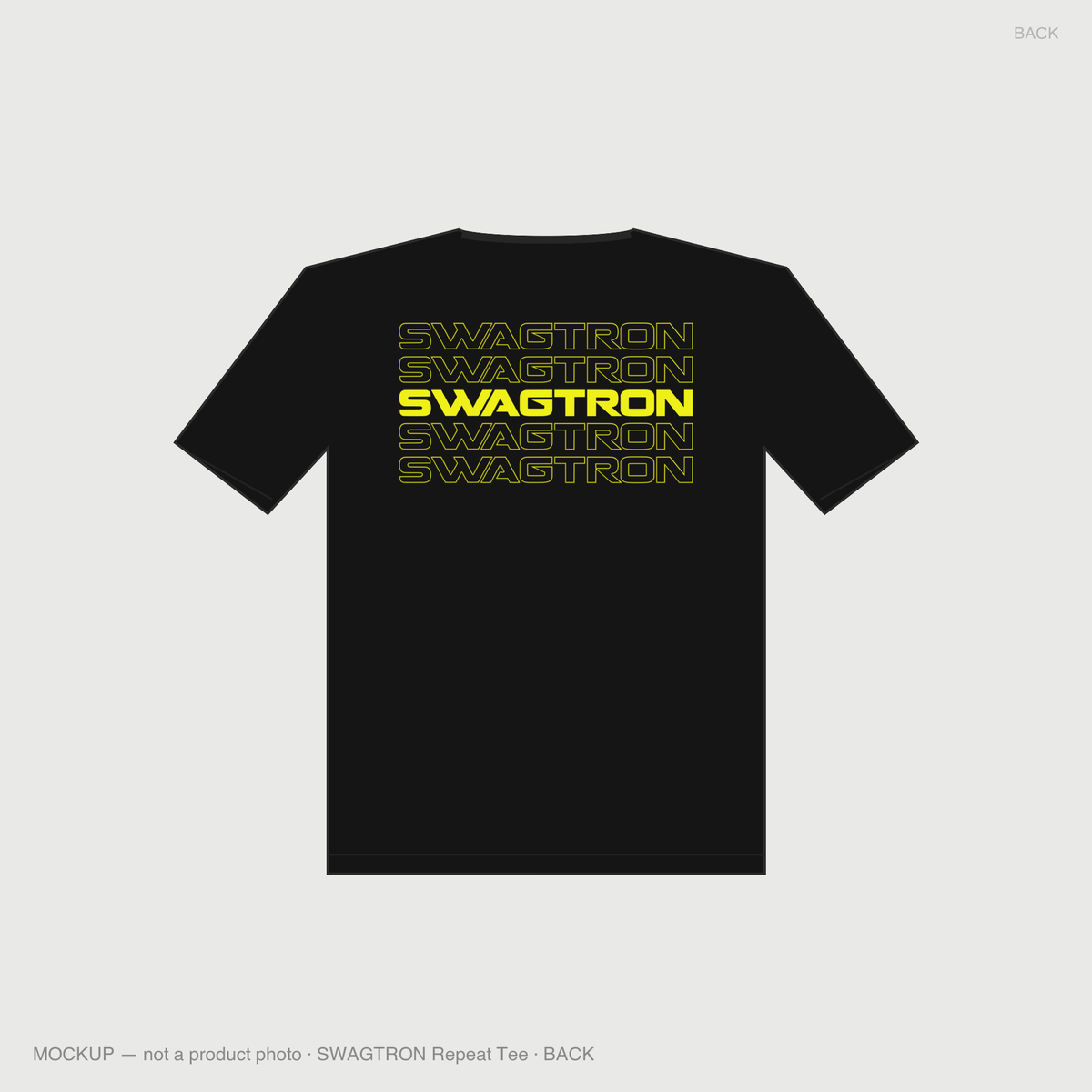 SWAGTRON Repeat Tee — back mockup, stacked yellow wordmark on black tee