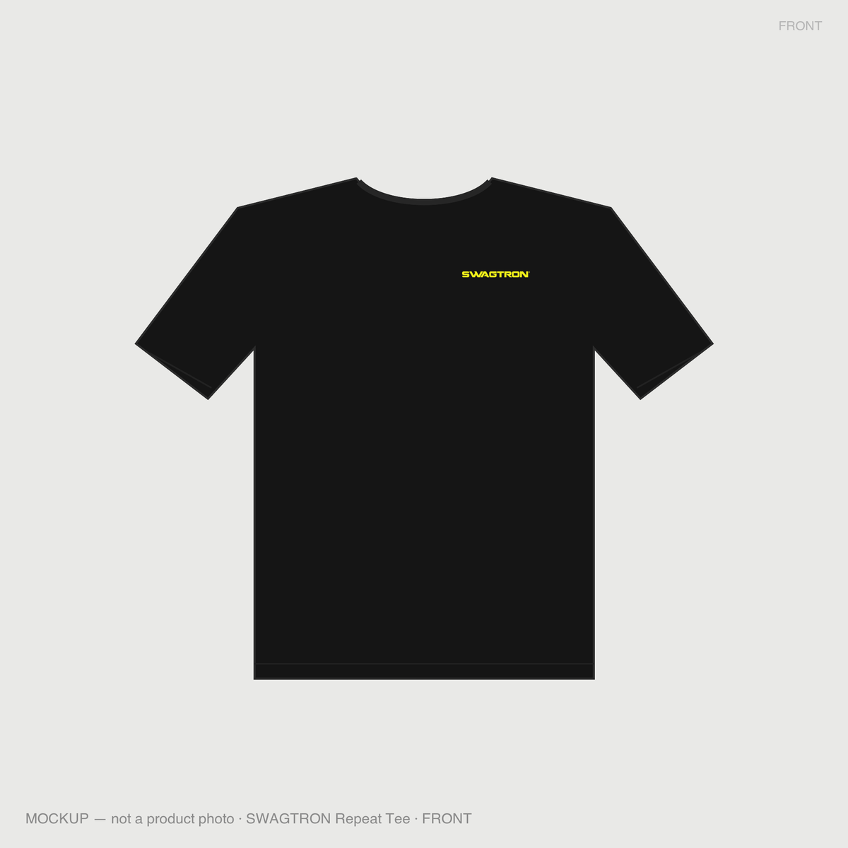 SWAGTRON Repeat Tee — front mockup, yellow chest print on black tee