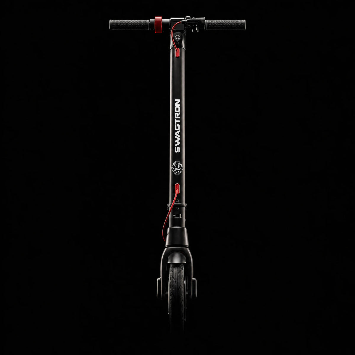 SWAGTRON GlideX electric scooter standing upright, front view on black