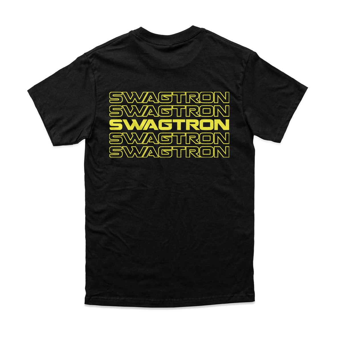 Back of the black SWAGTRON Repeat Tee: SWAGTRON wordmark stacked five times in yellow
