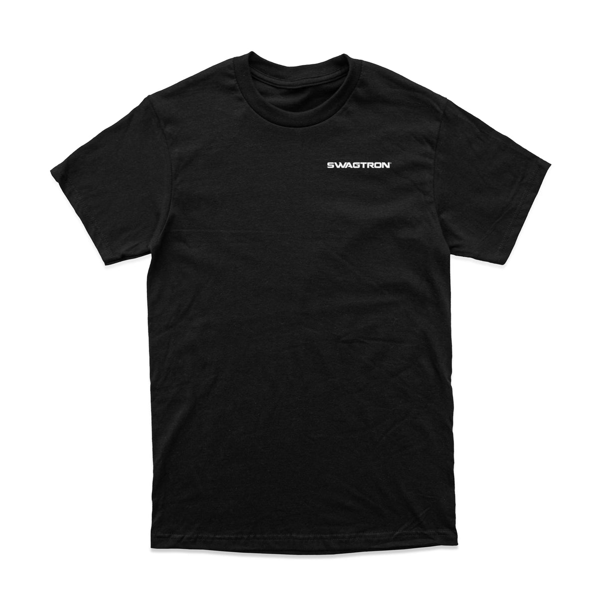 Front of the black SWAGTRON Repeat Tee with a small white SWAGTRON chest print