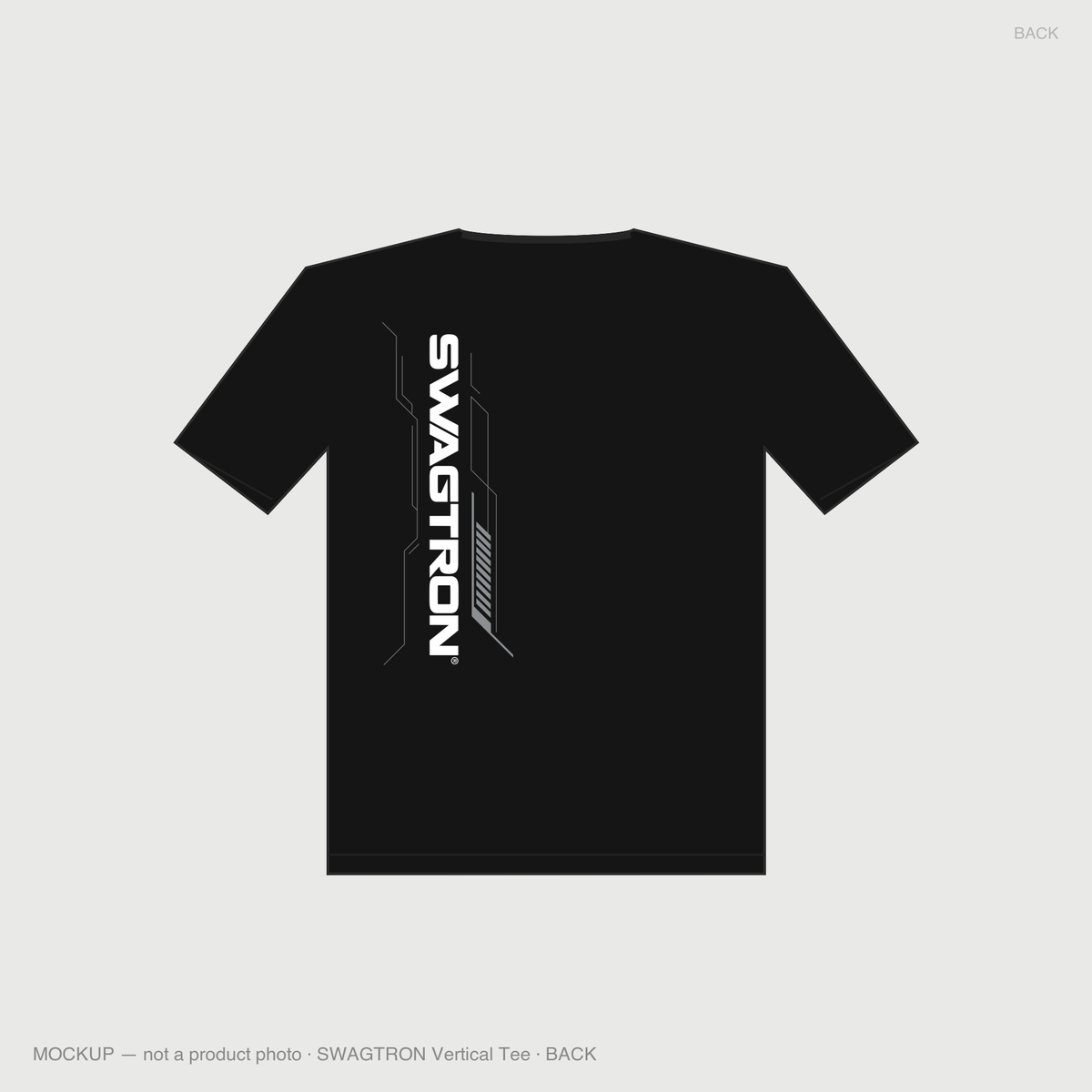 SWAGTRON Wordmark Tee — back mockup, vertical white wordmark with circuit lines on black tee
