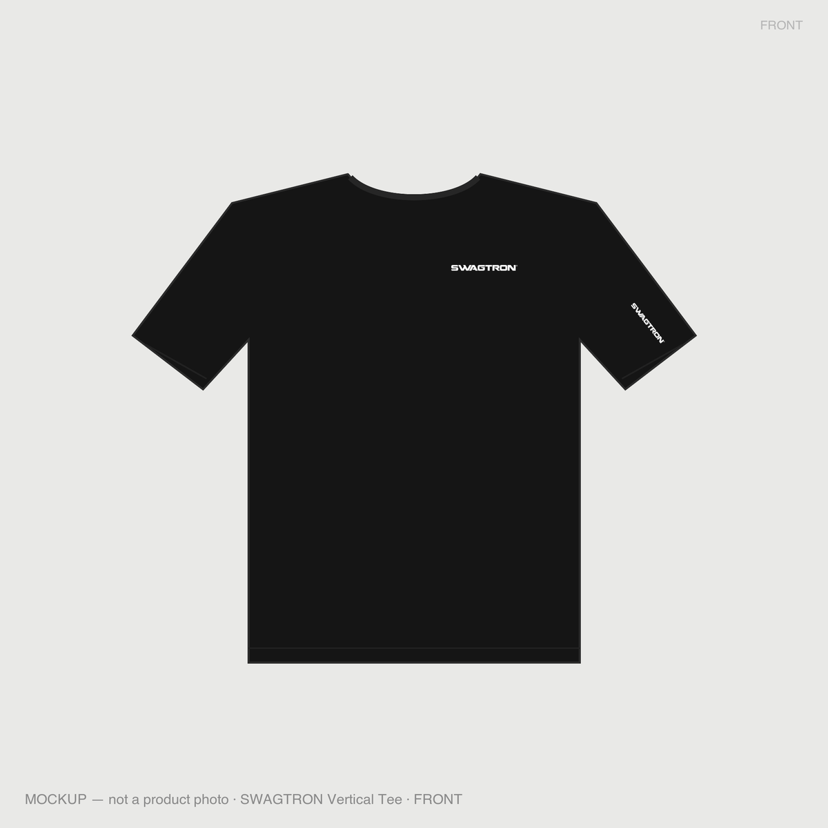 SWAGTRON Wordmark Tee — front mockup, white chest and sleeve print on black tee