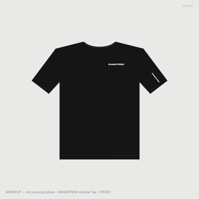 SWAGTRON Wordmark Tee — front mockup, white chest and sleeve print on black tee